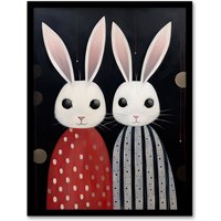 Wall Art Print White Bunny Rabbits Dresses Painting Red Framed Art W12" x H16"