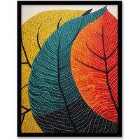 Artery8 Wall Art Print Close Up Leaves Gond Painting Style Orange Blue Green Framed Art | Size: W12" x H16"