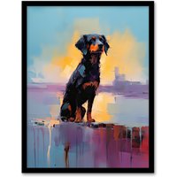 Artery8 Wall Art Print Rottweiler Puppy Beach Sunrise Dog Portrait Framed Picture in Blue | Size: W12" x H16"