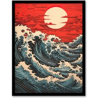 Artery8 Wall Art Print Red Sunset Clouds & Storm Great Wave Off-Kanagawa Framed | Size: W12" x H16"
