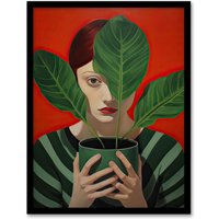 Artery8 Wall Art Print Gift of Calathea Woman Plant Portrait Green & Red Framed | Size: W12" x H16"