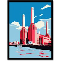 Artery8 Wall Art Print Battersea Power Station Graphic Pink & Blue Framed Art Picture | Size: W12" x H16"