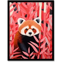 Artery8 Wall Art Print Red Panda in Pink Bamboo Forest Oil Painting Framed Picture | Size: W12" x H16"