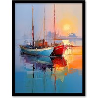 Artery8 Wall Art Print Sailboats Reflecting in Calm Misty Sunrise Seascape Framed in Blue | Size: W12" x H16"