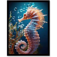 Artery8 Wall Art Print Pink Seahorse Photorealistic Conceptual Painting Framed in Blue | Size: W12" x H16"