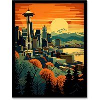 Artery8 Wall Art Print The Space Needle Seattle Landmark Sunset Cityscape Framed in Orange | Size: W12" x H16"