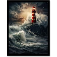Artery8 Wall Art Print Lighthouse Against a Stormy Sea Dramatic Seascape Framed | Size: W12" x H16"