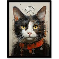 Artery8 Wall Art Print The Key Master Cat Portrait Oil Painting Framed Picture in Grey | Size: W12" x H16"
