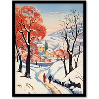 Artery8 Wall Art Print Sunny Winter Day Village Countryside Road Framed Picture in White | Size: W12" x H16"