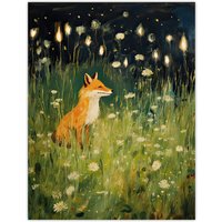 Artery8 Wall Art Print Happy Fox in White Flower Meadow at Night Orange Green Poster | Size: W12" x H16"