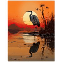 Artery8 Wall Art Print Heron in Coastal Landscape Lake Sunset Red Orange Artwork Poster | Size: W12" x H16"