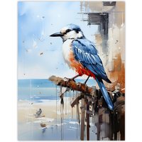 Artery8 Wall Art Print Bird by the Beach Kingfisher Portrait Oil Painting Poster Picture in Blue | Size: W12" x H16"