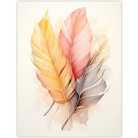 Artery8 Wall Art Print Bohemian Leaf Feather Abstract Watercolour Orange Pink Poster | Size: W12" x H16"