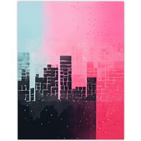 Artery8 Wall Art Print Abstract Geometric Cityscape Painting Blue Pink Pastel Poster | Size: W12" x H16"