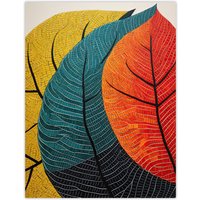 Artery8 Wall Art Print Close Up Leaves Gond Painting Style Orange Blue Green Poster | Size: W12" x H16"