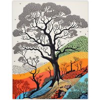 Artery8 Wall Art Print Gond Style Yosemite Forest Trees Colourful Painting Poster | Size: W12" x H16"