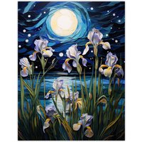 Artery8 Wall Art Print Ethereal Iris Flower Blooms Fantasy Lake Full Moon Poster Picture in Blue | Size: W12" x H16"
