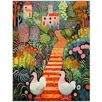 Artery8 Wall Art Print Lush Garden Path with Hens & Colourful Blooms Poster Picture | Size: W12" x H16"