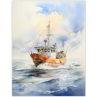Artery8 Wall Art Print Fishing Boat at Sea Detailed Watercolour Seascape Poster Picture in Blue | Size: W12" x H16"
