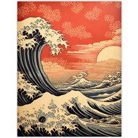 Artery8 Wall Art Print Red Sunset Great Wave Dramatic Stormy Seascape Poster Picture | Size: W12" x H16"