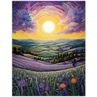 Artery8 Wall Art Print Vibrant Sunrise over Blooming Lavender Fields Poster Picture in Purple | Size: W12" x H16"