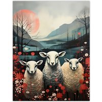 Artery8 Wall Art Print Three Sheep Pink Blue Floral Scottish Landscape Poster Picture | Size: W12" x H16"