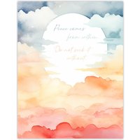 Artery8 Wall Art Print Peace Comes From Within Buddhist Mindfulness Sun Clouds Poster in Orange | Size: W24" x H32"