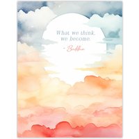 Artery8 Wall Art Print What We Think We Become Buddhist Mindfulness Sun Clouds Poster in Orange | Size: W24" x H32"