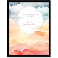 Artery8 Wall Art Print Your Own Salvation Buddhist Mindfulness Quote Sun Clouds Framed Art in Orange | Size: A4
