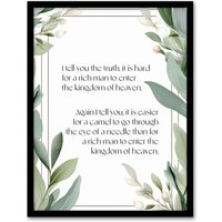 Artery8 Wall Art Print Matthew 19:24 Jesus Christ Christian Bible God Quote Green Framed Art | Size: A4