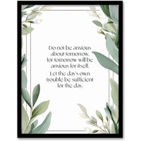 Artery8 Wall Art Print Matthew 6:34 Live in the Moment Jesus Bible Quote Green Framed | Size: A4