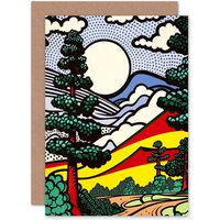 Artery8 Modern Pop Art Forest Landscape Comic Colourful Birthday Greeting Card