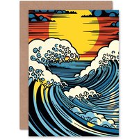 Artery8 Great Wave Comic Book Style Seascape Sunset Birthday Greeting Card