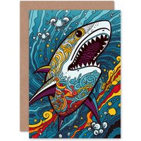 Artery8 Fun Shark Colourful Psychedelic Pattern Pop Art Birthday Greeting Card