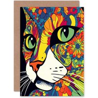 Artery8 Vivid Colourful Cat Lovers Painting for Him or Her Birthday Greeting Card