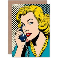 Artery8 1950s Woman Polka Dot Hello Comic Book Style Birthday Greeting Card