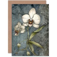 Artery8 Orchid Flower Blooms Art Nouveau Floral for Her Birthday Greeting Card