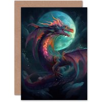 Artery8 Full Moon Dragon Fantasy for Him or Her Birthday Thank You Greeting Card in Blue