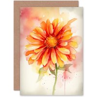 Artery8 Single Gerbera Daisy Soft Watercolour Birthday Thank You Greeting Card in Orange