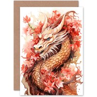 Artery8 Fantasy Dragon Serpent Chinese New Year Birthday Thank You Greeting Card in Red