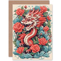 Artery8 Red Blue Ornate Mythical 2024 Chinese Year of the Dragon Greeting Card