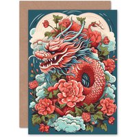 Artery8 Fantasy Dragon Peony 2024 Chinese New Year of the Dragon Greeting Card in Red