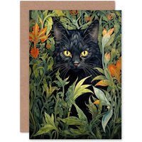 Artery8 Black Cat Hiding in Flower Bed William Morris Style Greeting Card in Green