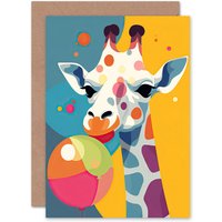 Artery8 Cute Colourful Giraffe With Balloon Kids Baby Birthday Greeting Card