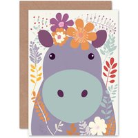 Artery8 Harriet Cute Hippo Flowers Pastel for Child Kids Birthday Greeting Card in Purple
