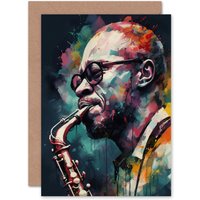 Artery8 Saxophone Player Music Blues Jazz for Him or Her Birthday Greeting Card in Black