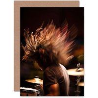 Artery8 Drummer Action Hard Rock Drums Music Gig Husband Him Dad Greeting Card in Brown