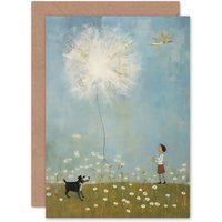 Artery8 Chasing the Giant Dandelion Dream Fun Child Kids Birthday Greeting Card in Blue