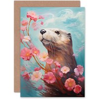 Artery8 Otter Pink Cherry Blossom Flowers Thank You Get Well Soon Greeting Card in Blue