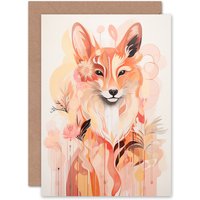 Artery8 Floral Fox Spirit Animal Boho Calm Pastel Flowers Birthday Greeting Card in Orange